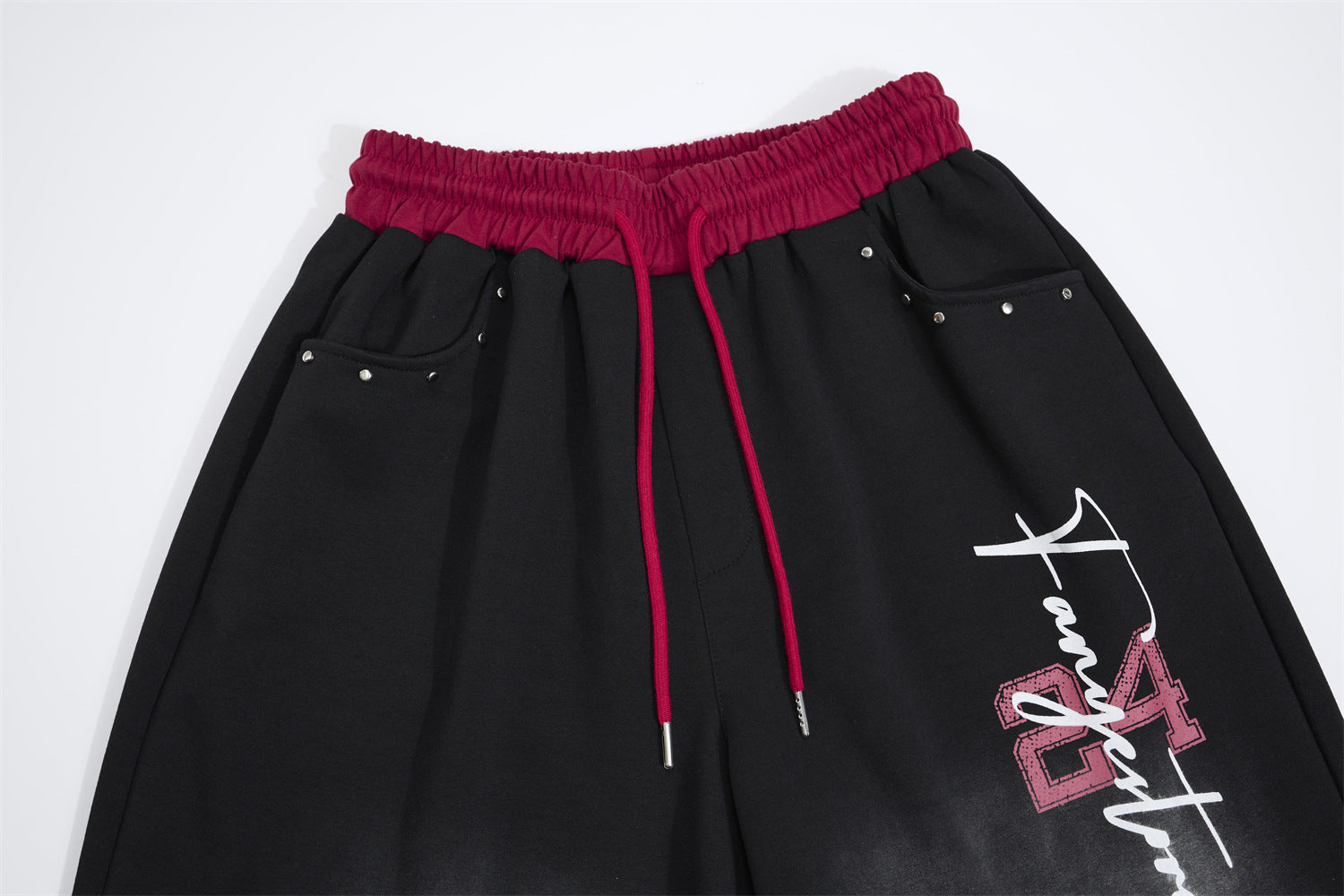 Wide Leg Acid Wash Sweatpants with Contrast Red Waistband & Graphic Print