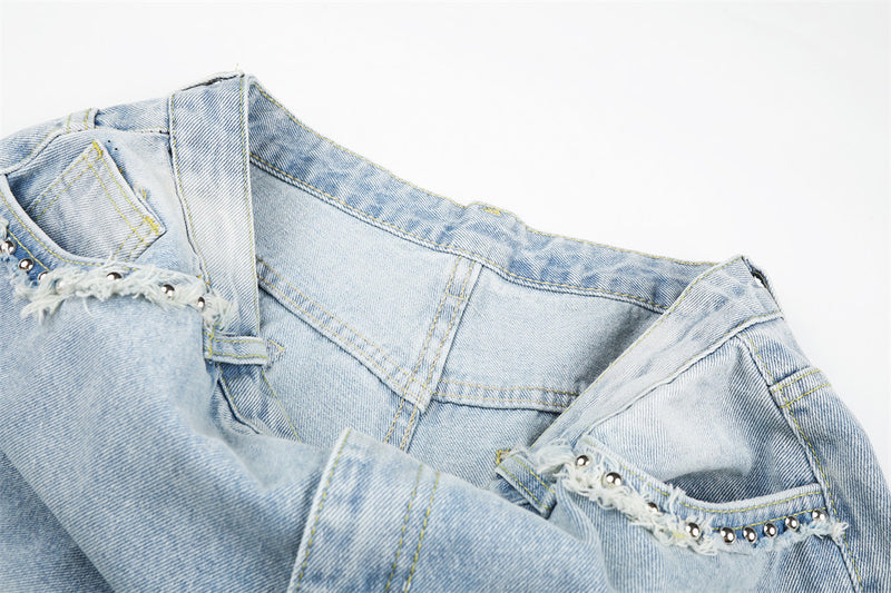 Wide Leg Cargo Jeans with Rhinestone Side Detail & Lace Trim — Light Wash Baggy