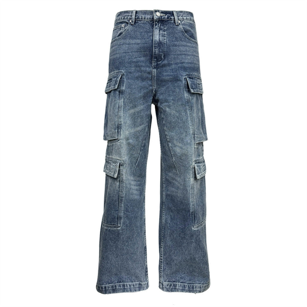 Men's wide-leg multi-pocket cargo denim jeans in washed blue, front and back view