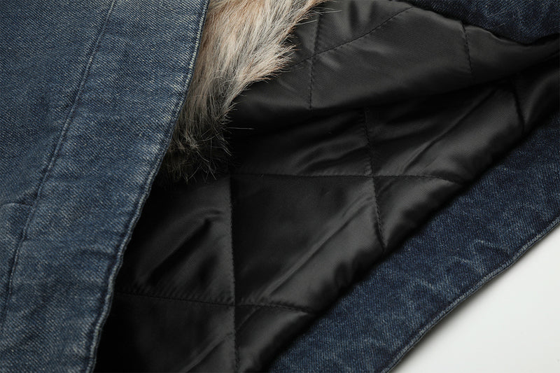 Fur Collar Denim Jacket – Fleece-Lined Vintage Moto Style