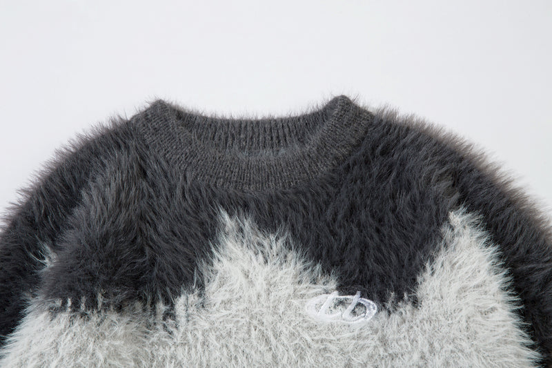 Pull en maille pelucheuse à motif vague abstrait – Modèle oversize