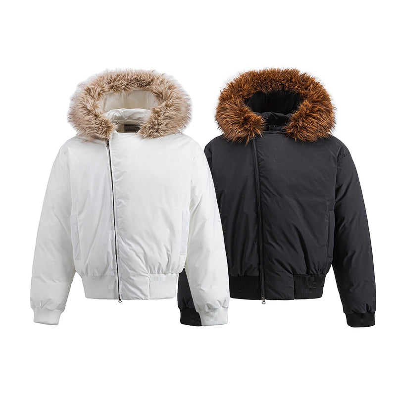 Fur-Trim Hooded Puffer Bomber Jacket – Cropped Padded Winter Coat