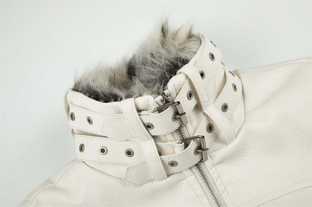 PU Leather Bomber Jacket with Faux Fur Collar & Buckle Strap Stand Neck
