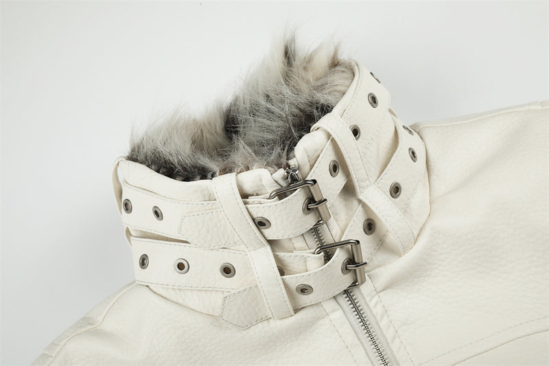 PU Leather Bomber Jacket with Faux Fur Collar & Buckle Strap Stand Neck