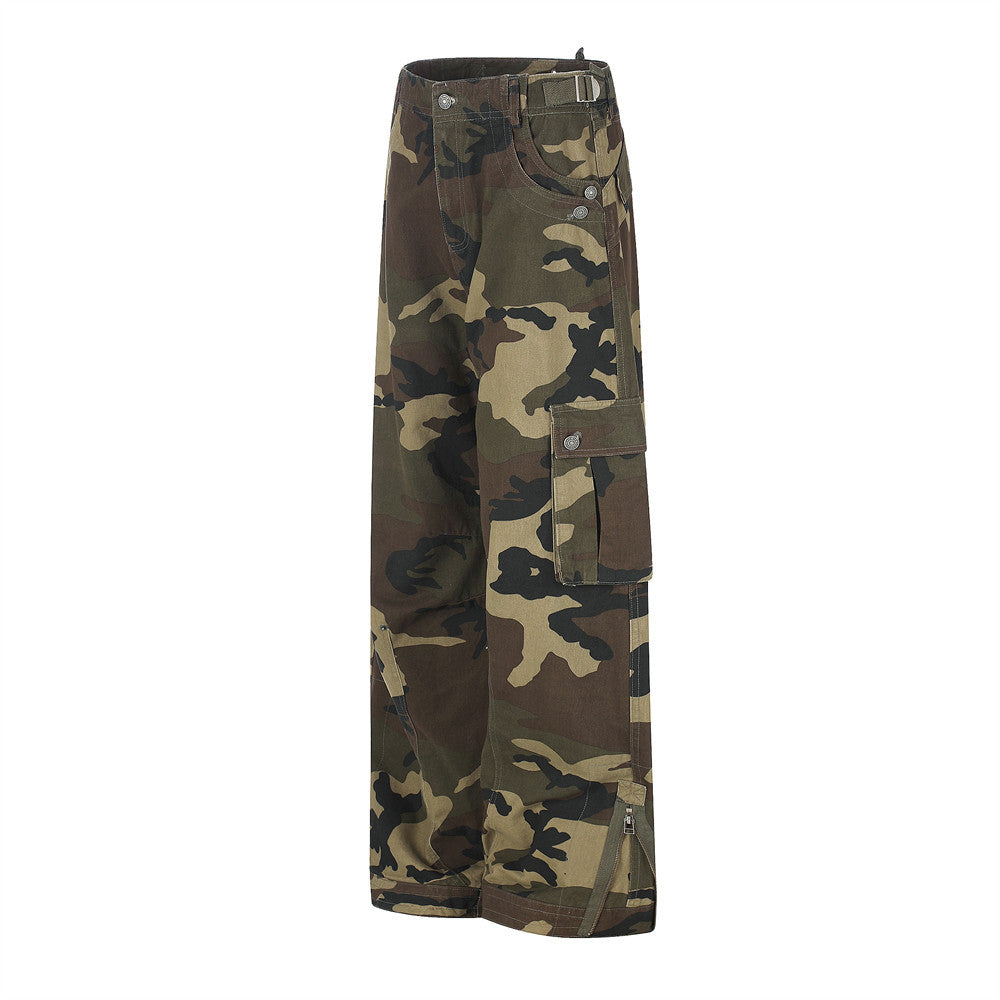 Camo Cargo Pants Wide-Leg Multi-Pocket Zip-Hem Trousers
