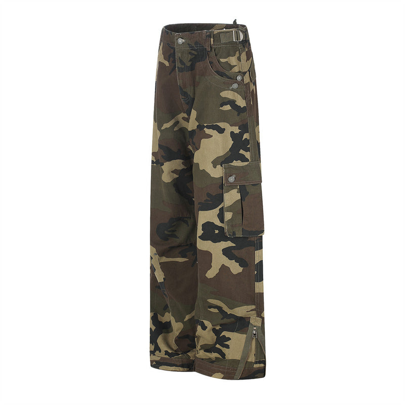 Camo Cargo Pants Wide-Leg Multi-Pocket Zip-Hem Trousers