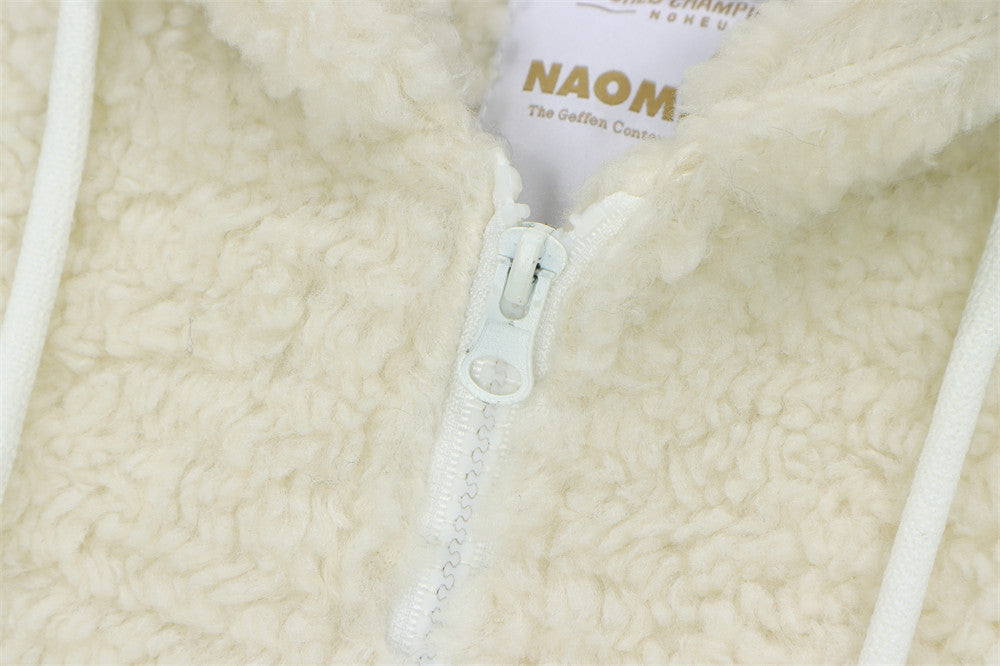 Sherpa-Fleece-Zip-Hoodie-Jacke mit Schriftgrafik auf dem Rücken und Tunnelzugsaum