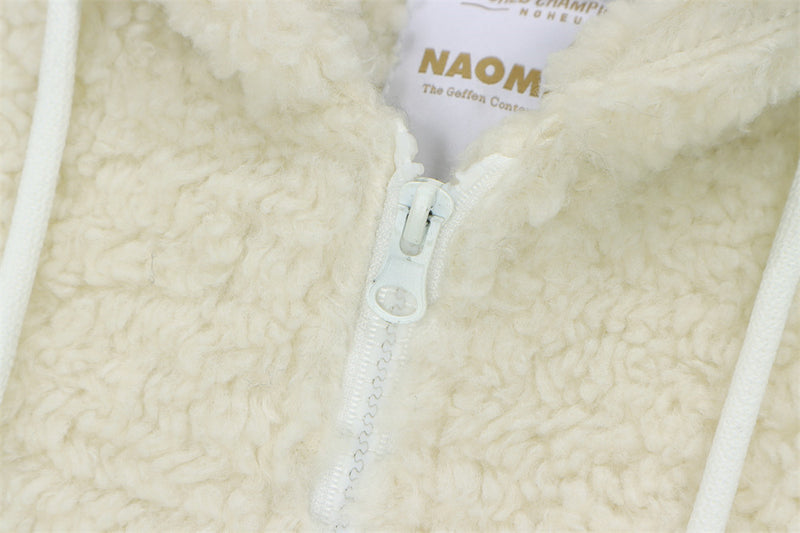 Sherpa-Fleece-Zip-Hoodie-Jacke mit Schriftgrafik auf dem Rücken und Tunnelzugsaum