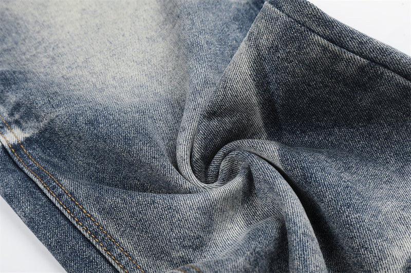 Vintage Wash Wide-Leg Flare Jeans – Men's Distressed Crease-Effect Denim