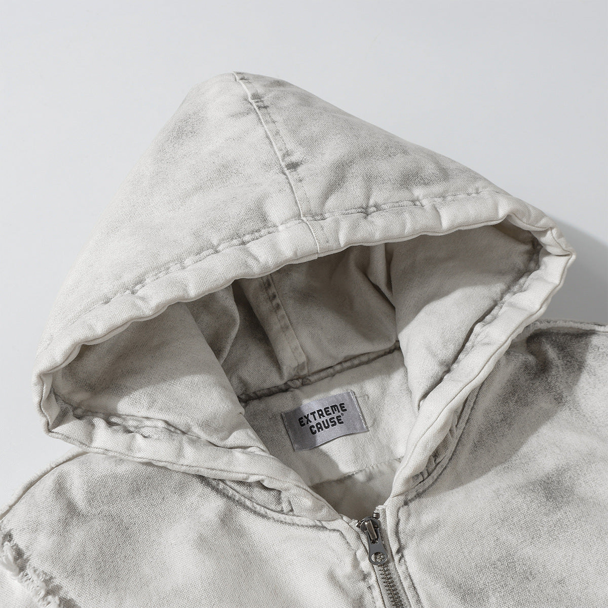 Oversized Hooded Puffer Jacket – Distressed Raw-Edge Washed Streetwear Cotton