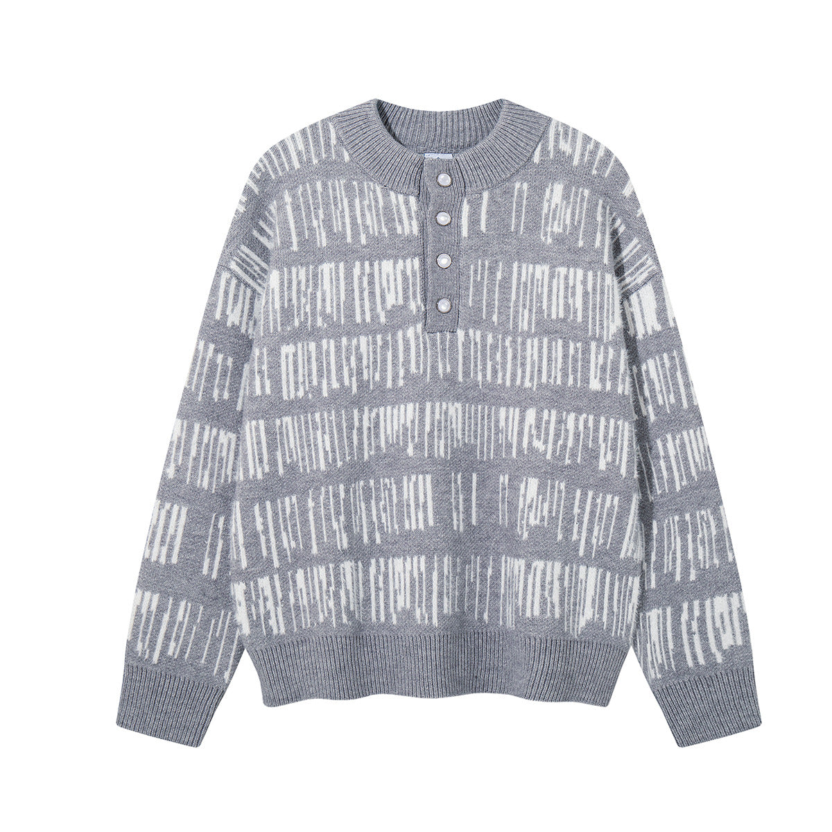Oversized abstract stripe jacquard knit sweater with Henley button placket in grey, front view