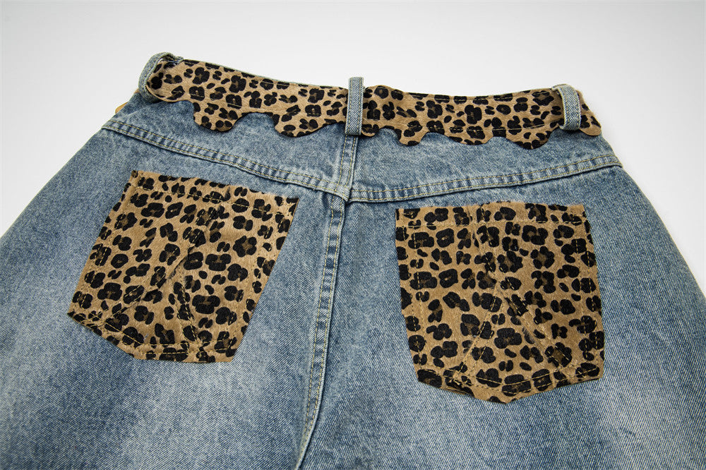 Leopard Print Patchwork Distressed Denim Shorts – Men's Retro Streetwear Wide Le