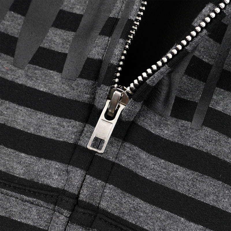 Striped Zip-Up Hoodie – Distressed Dark Streetwear with Music Graphic Print