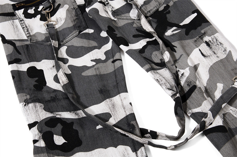 Men's Bell Bottom Pants – Colorblock Camo Punk Flare Trousers with Strap Detail