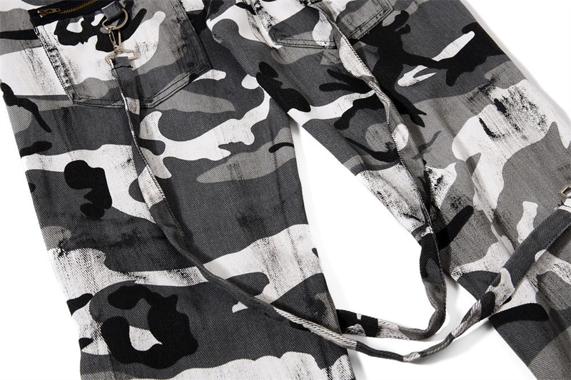 Men's Bell Bottom Pants – Colorblock Camo Punk Flare Trousers with Strap Detail