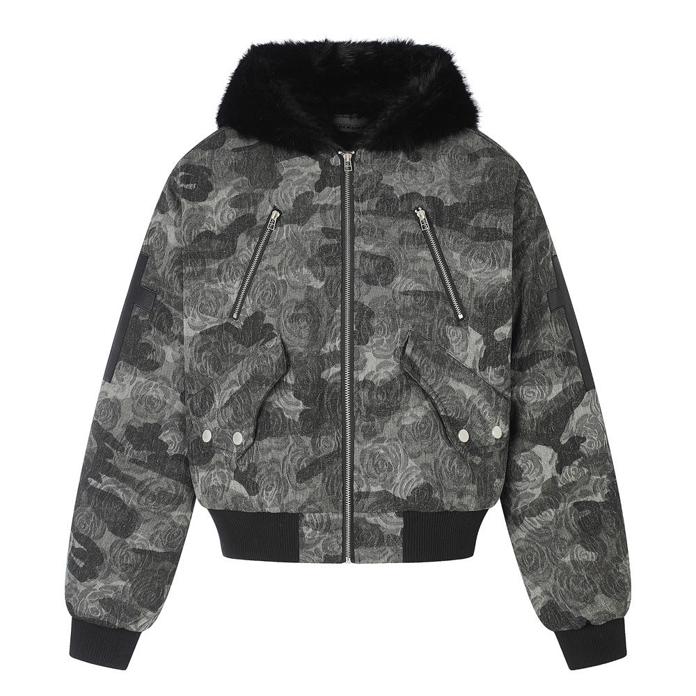 Rose Camo Bomber Jacket with Faux Fur Hood Collar and Cross Back Patch