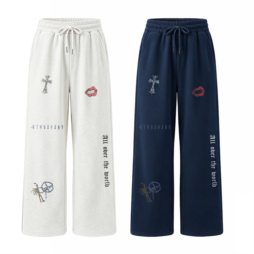 Gothic Graphic Wide-Leg Sweatpants – Cross & Letter Print Loose Straight-Leg