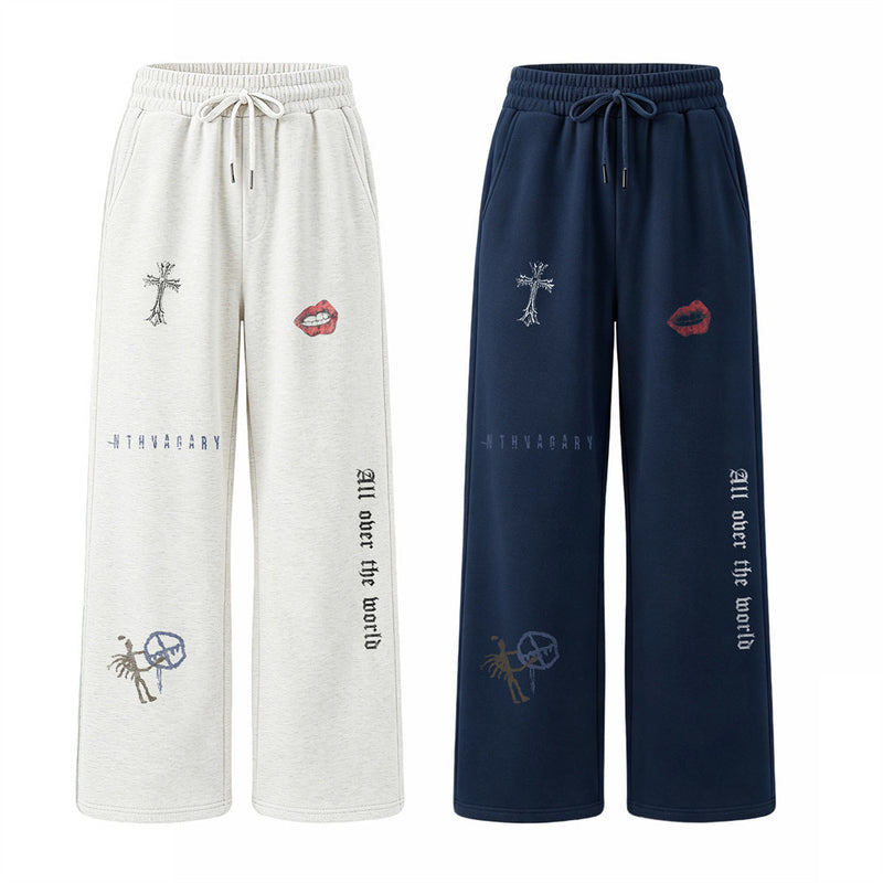 Gothic Graphic Wide-Leg Sweatpants – Cross & Letter Print Loose Straight-Leg