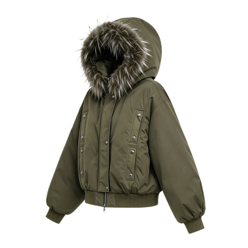 Veste bomber à capuche bordée de fourrure – Manteau d’hiver à poches multiples et double fermeture zippée