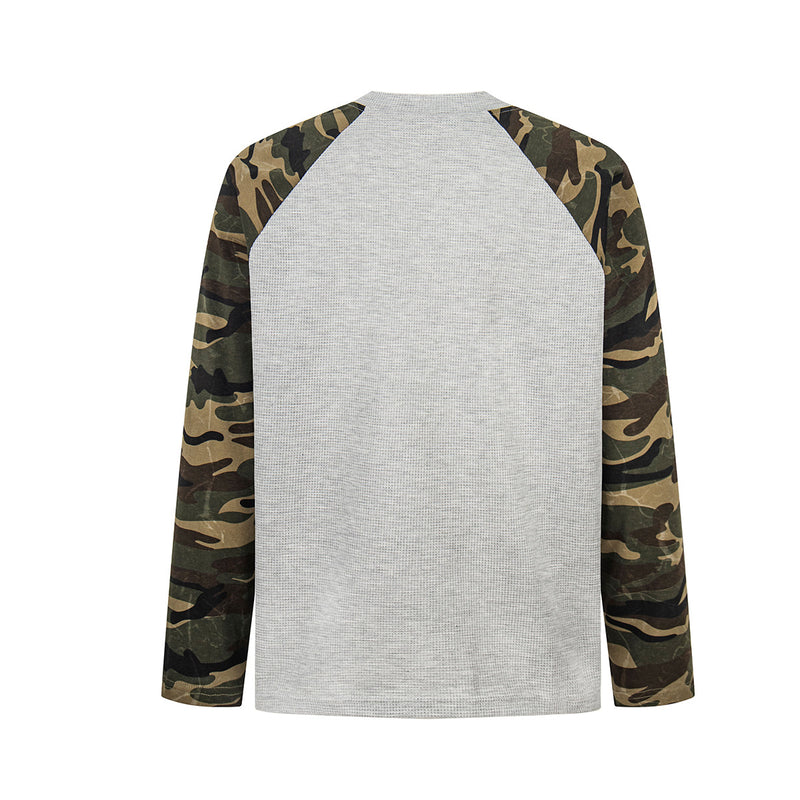 American Flag Camo Raglan Long-Sleeve Shirt – Waffle Knit Body, V-Notch Neck
