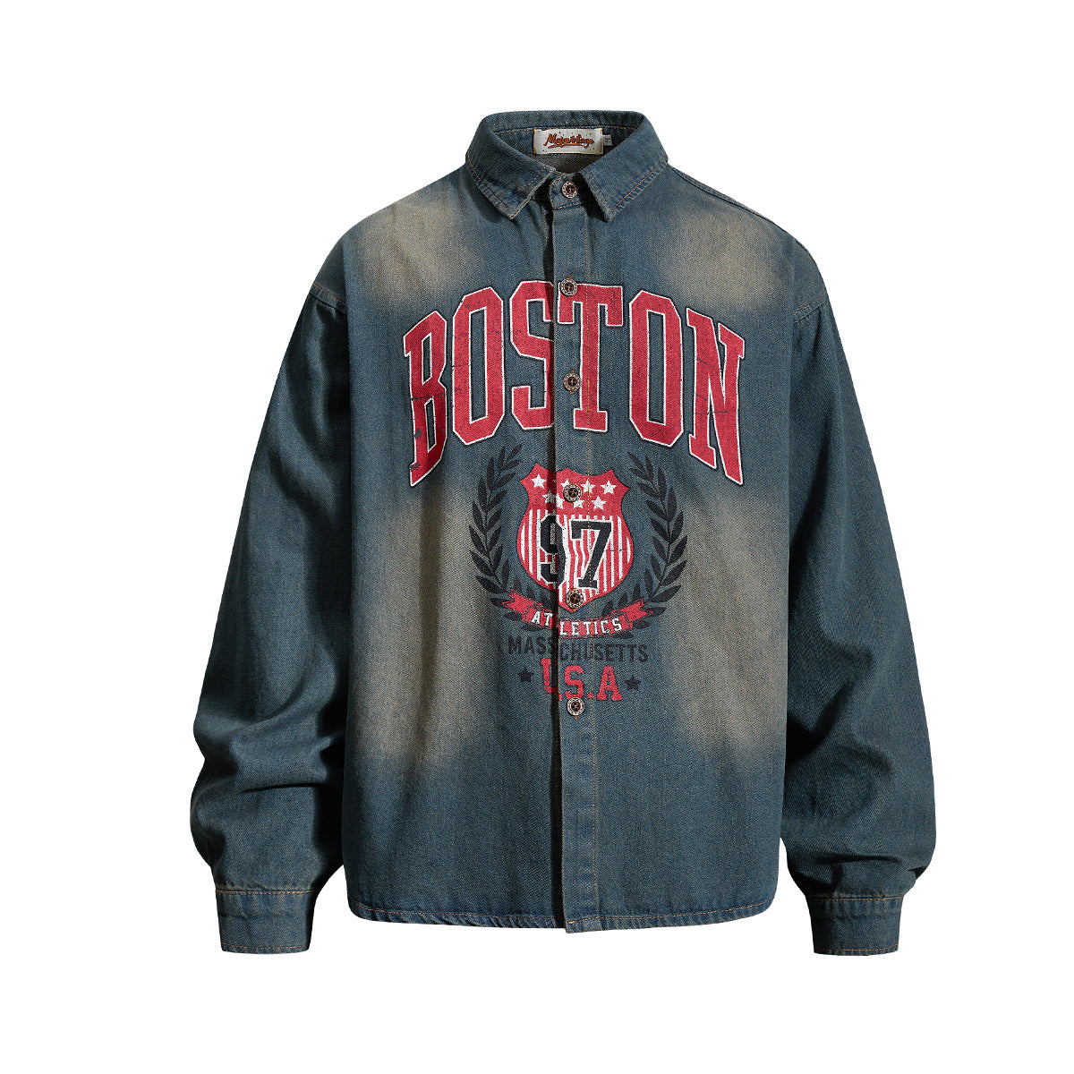Boston Athletics Oversized-Denimhemdjacke – Vintage-Waschung mit Collegiate-Print