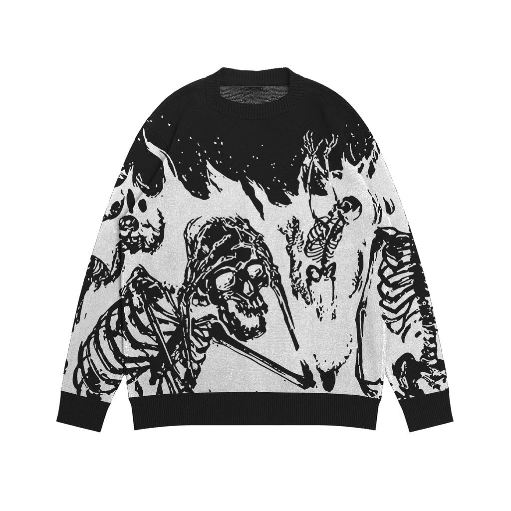 The Seakoff Premium Skeleton Warrior Knit Sweater showcases a graphic black and white jacquard design of skeletal figures, providing an edgy gothic fashion statement across the entire garment.