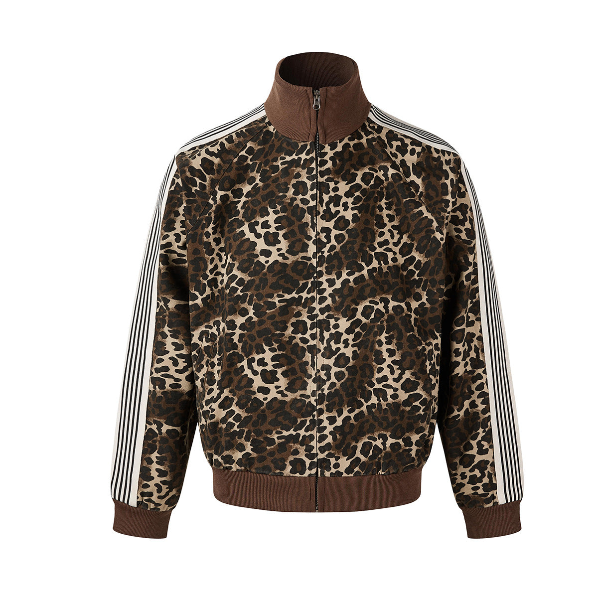 Leopard print track jacket with black and white striped sleeve tape and brown ribbed mock neck collar, front view