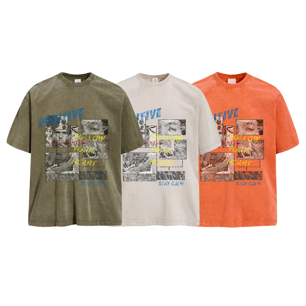 Oversized washed graphic tee with vintage portrait collage print in olive green, sand, and orange colorways