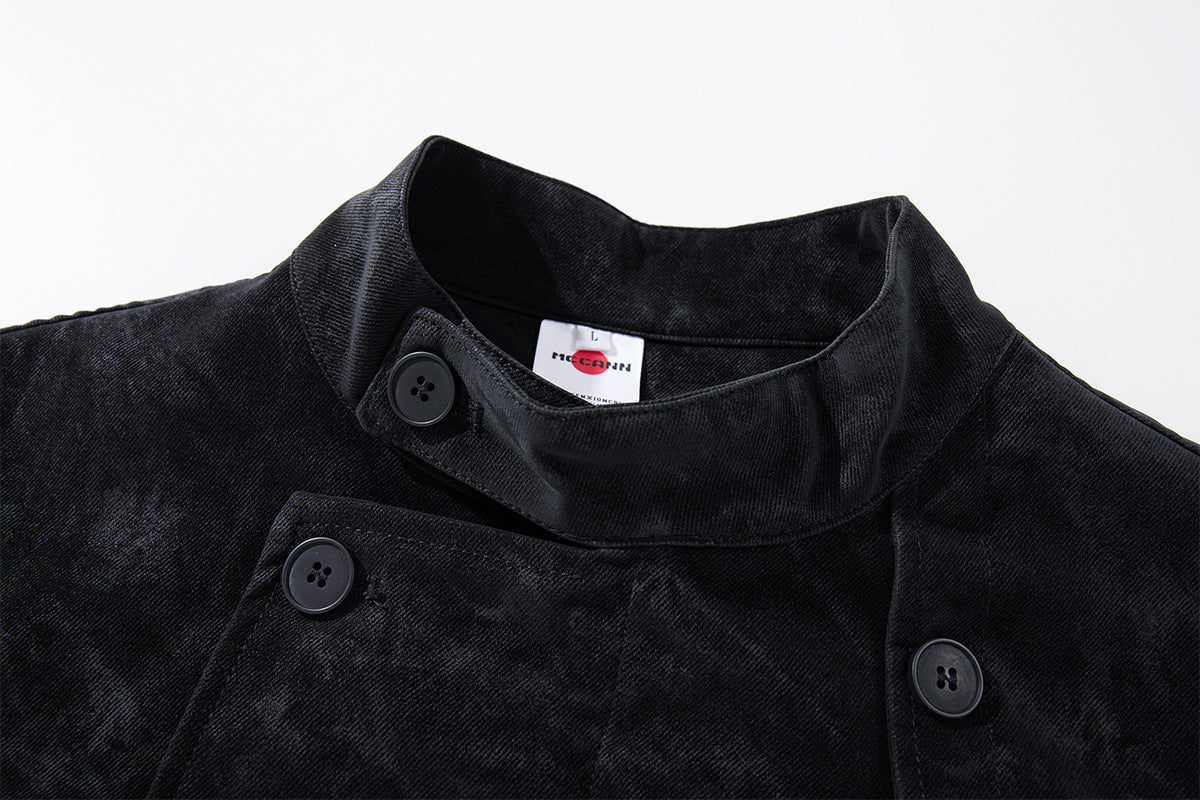Double-Breasted Stand Collar Jacket – Vintage Washed Black