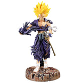 The Seakoff Future Trunks Super Saiyan Collectible Figure (28cm) from Dragon Ball Z showcases Trunks with his iconic spiky yellow hair in a dynamic sword pose. He is dressed in a tattered purple gi and stands on a rocky base, emanating a smoky aura for an intense effect.