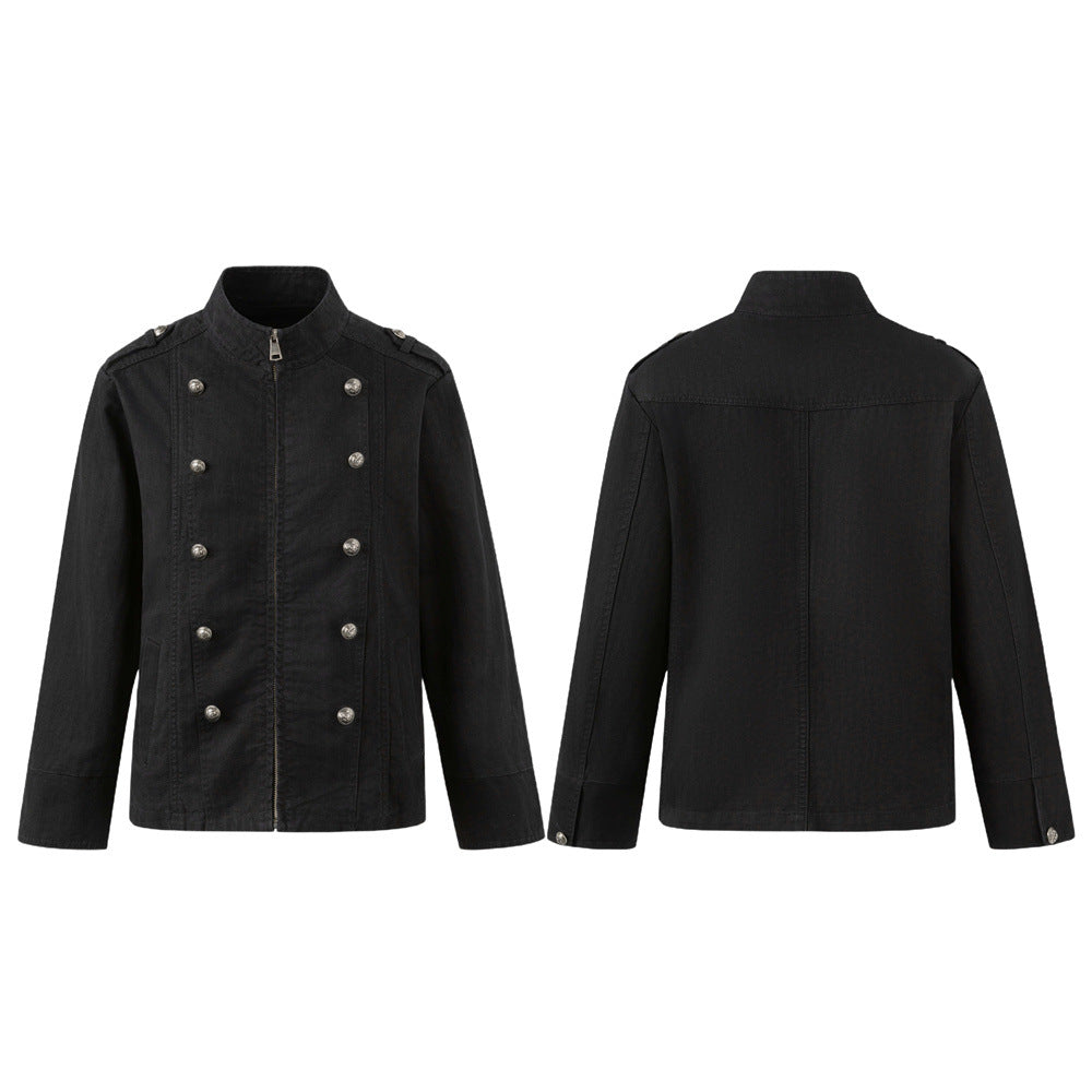 Black Double-Breasted Military Jacket – Stand Collar Structured Workwear Coat