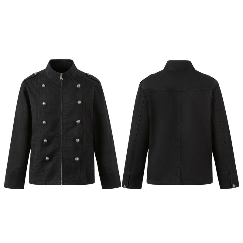 Black Double-Breasted Military Jacket – Stand Collar Structured Workwear Coat
