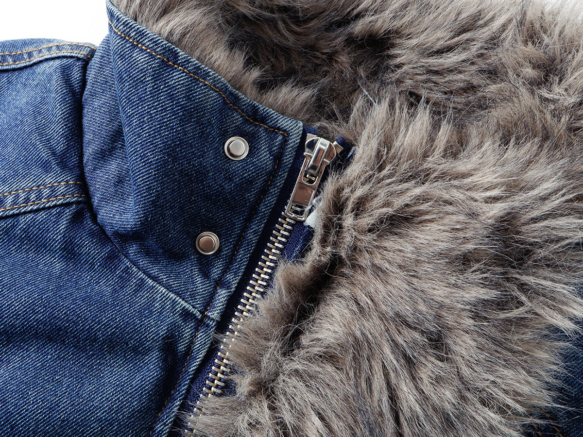 Fur-Lined Denim Jacket – Men's Winter Bomber with Faux Fur Collar & Quilted