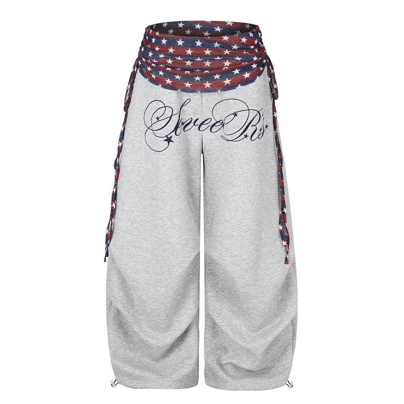 Wide-Leg Star & Stripe Waistband Pants with Side Drawstring Detail