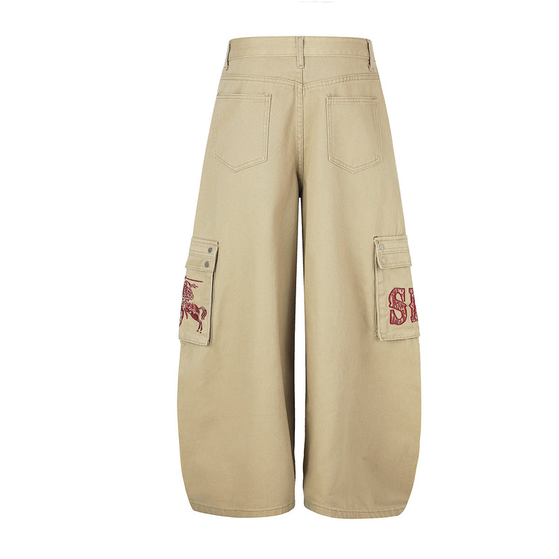 Baggy Cargo Pants Wide Leg Embroidered Letter Workwear Trousers