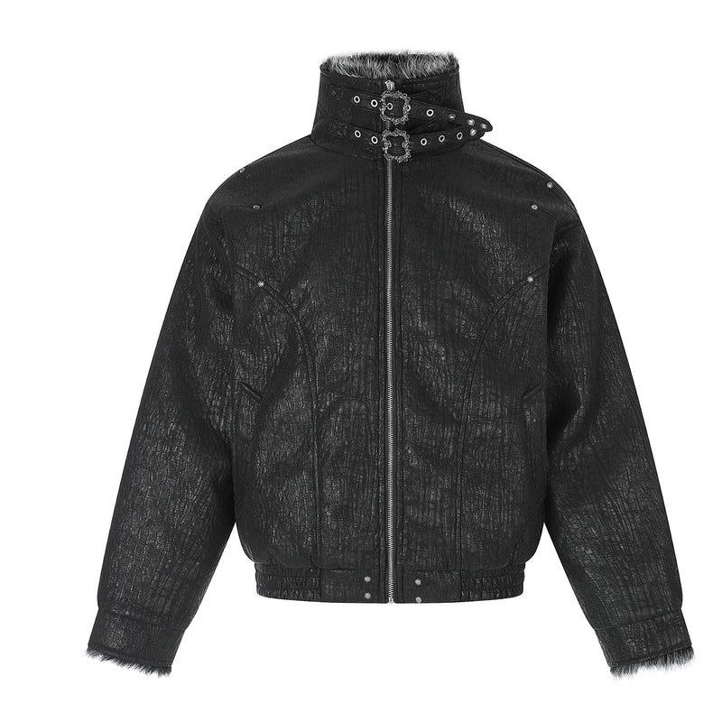 Faux Fur Trim Padded Bomber Jacket — Stand Collar with Buckle Detail