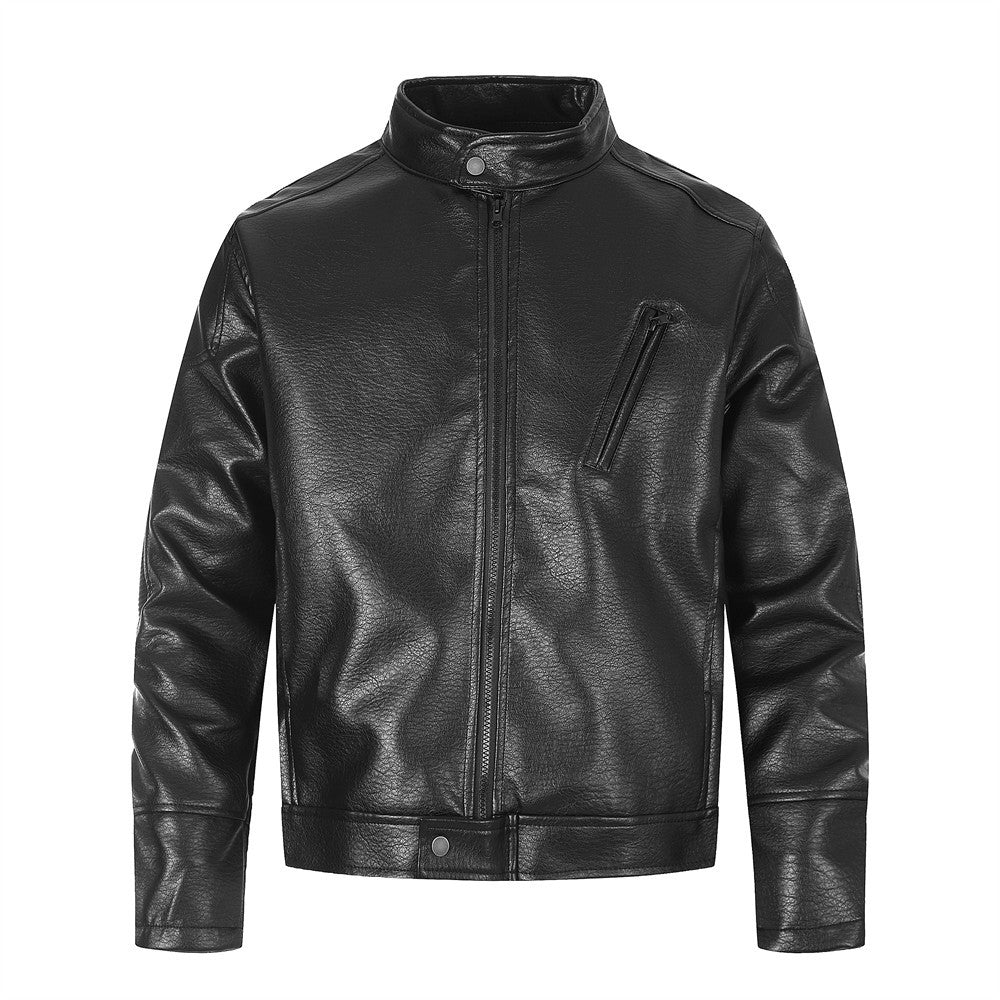 Blouson biker moto homme en simili cuir, col montant et fermeture zippée, noir et marron