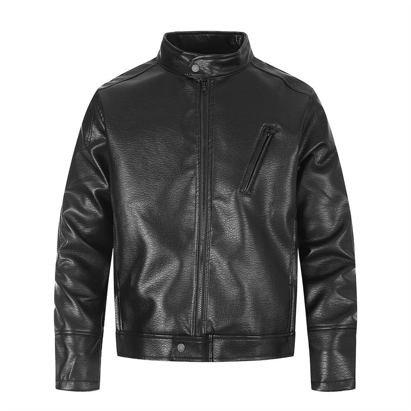 Blouson biker moto homme en simili cuir, col montant et fermeture zippée, noir et marron
