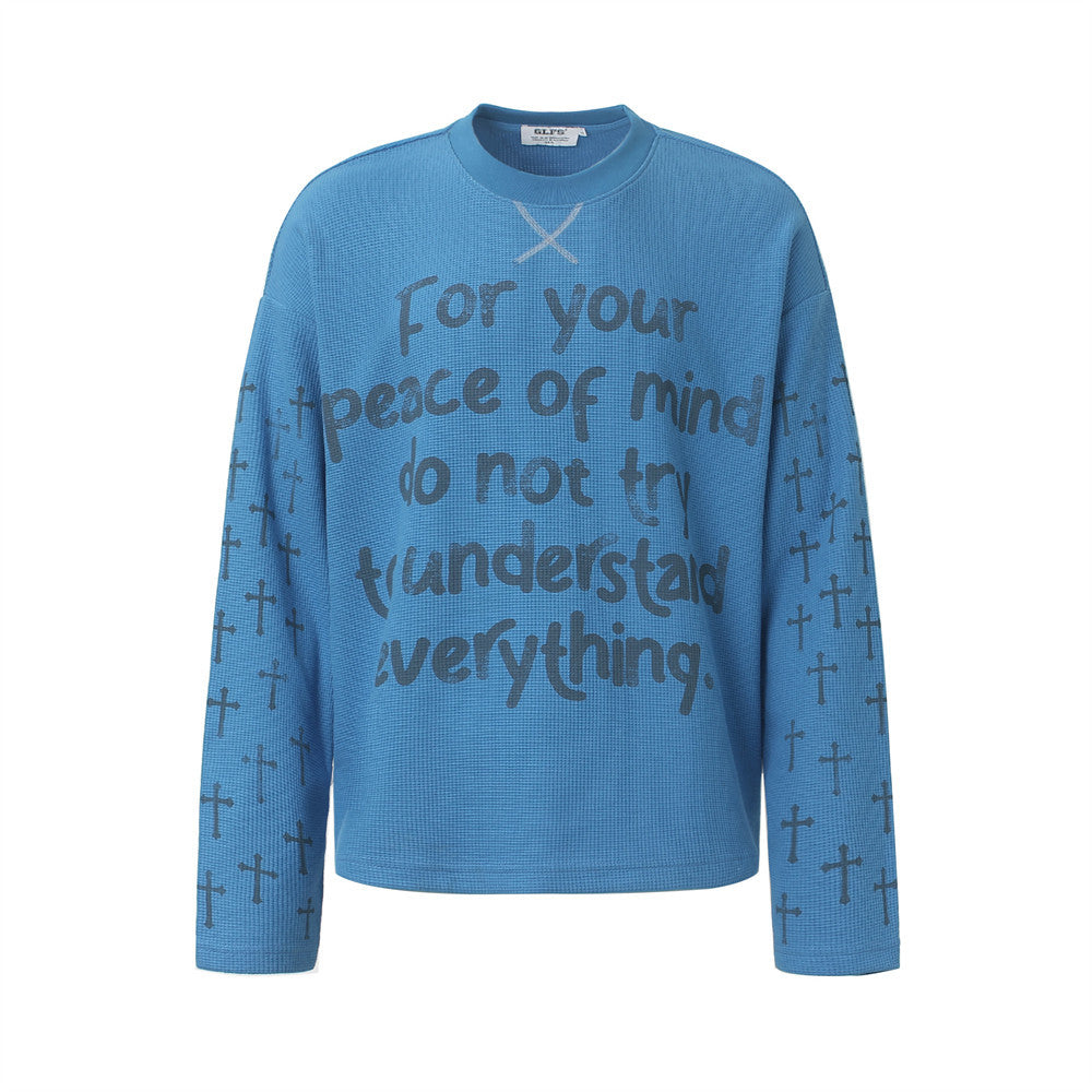 Cross Print Waffle Knit Long Sleeve Crew Neck Tee – Oversized Streetwear Graphic