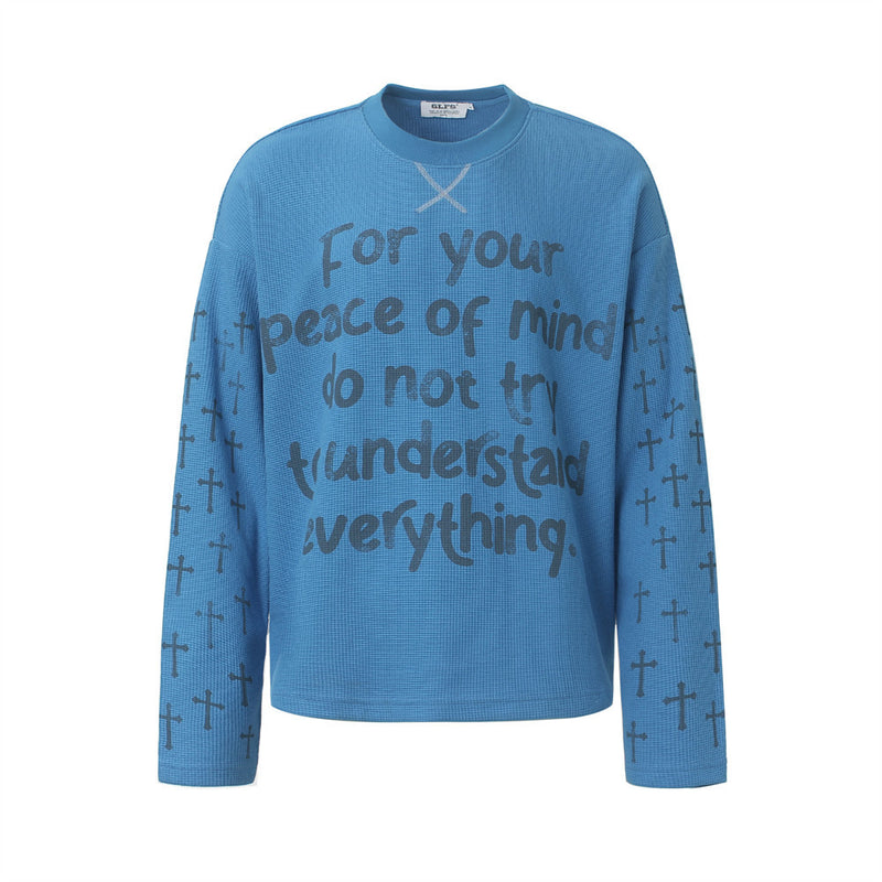 Cross Print Waffle Knit Long Sleeve Crew Neck Tee – Oversized Streetwear Graphic