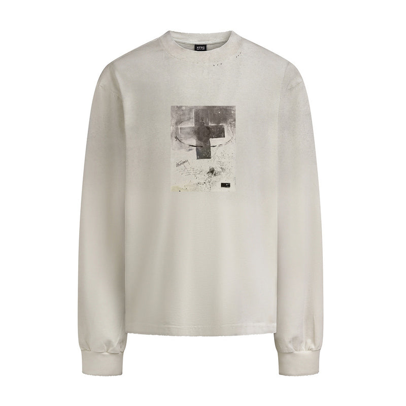 Langarmshirt mit Kreuz-Print und Acid-Wash – Vintage-Distressing mit offenem Saum