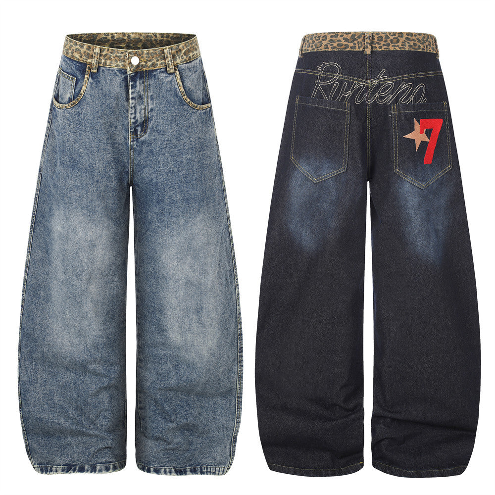 Vaqueros de Pierna Ancha para Hombre – Cintura de Leopardo, Corte Barrel Holgado y Denim Lavado