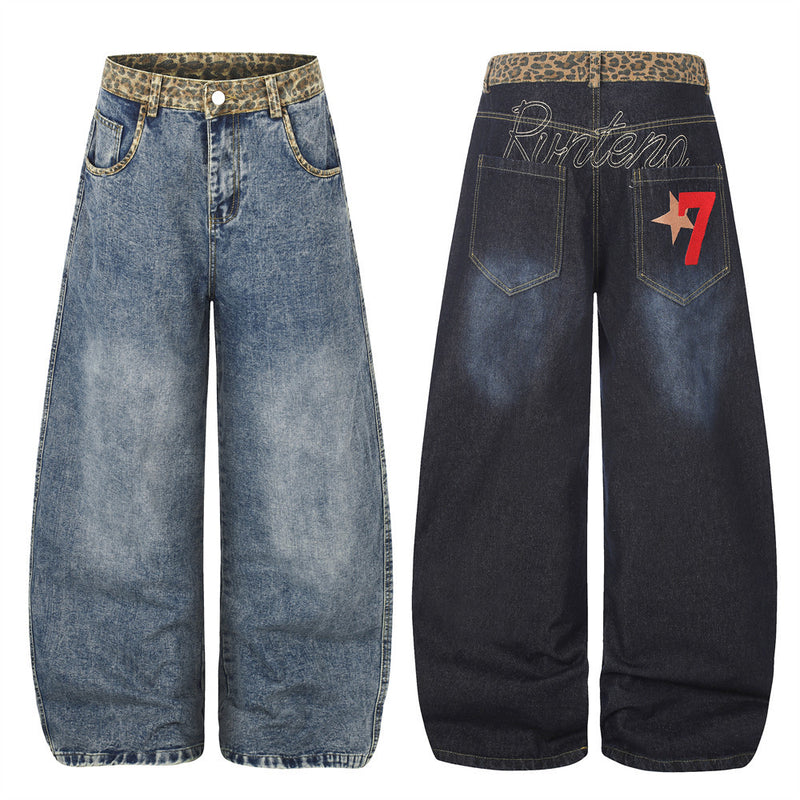 Vaqueros de Pierna Ancha para Hombre – Cintura de Leopardo, Corte Barrel Holgado y Denim Lavado