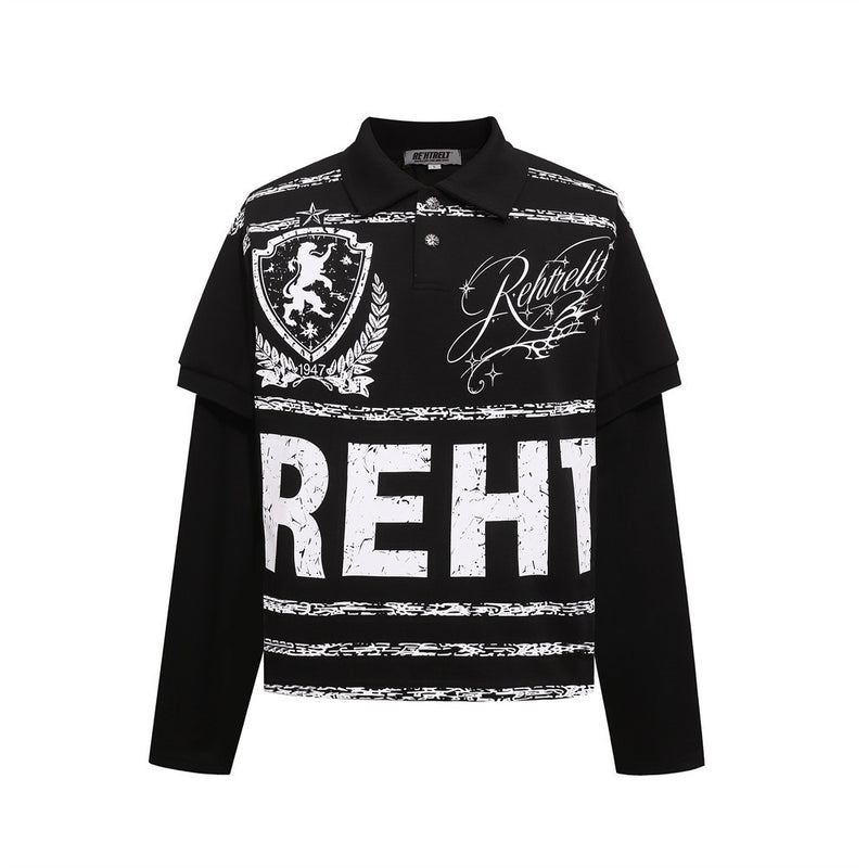 Men's Graphic Print Polo Layered Long-Sleeve Shirt – Streetwear Hip-Hop Style