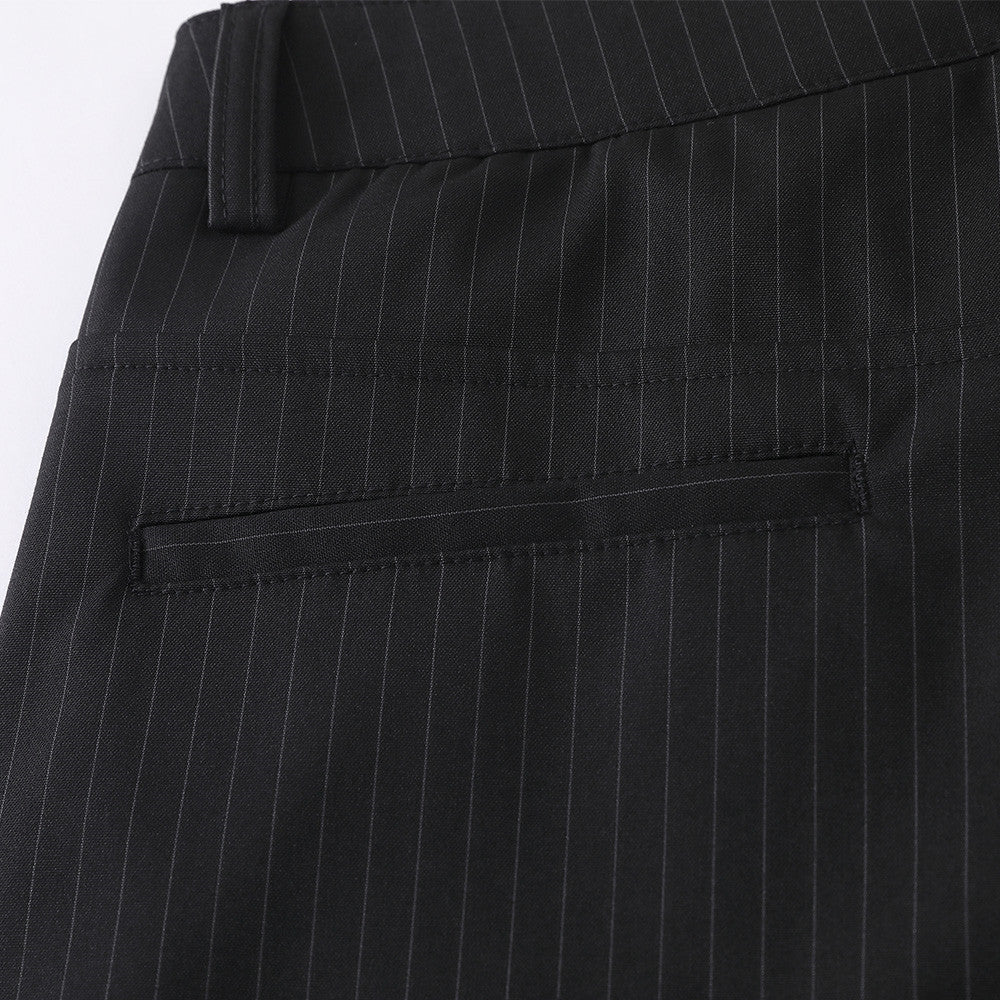 Black Pinstripe Wide-Leg Trousers – Pleated Relaxed Fit Dress Pants