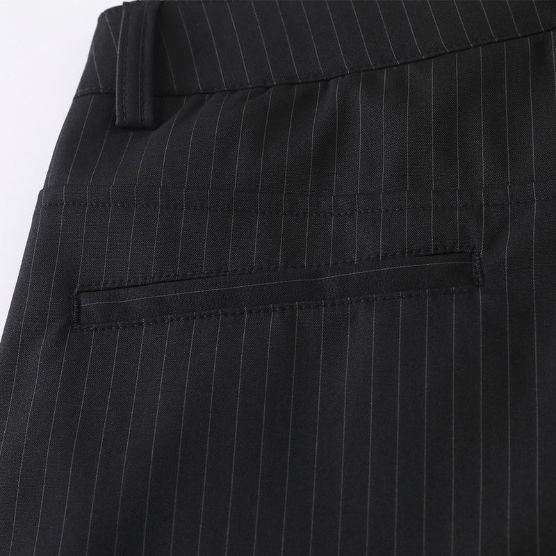 Black Pinstripe Wide-Leg Trousers – Pleated Relaxed Fit Dress Pants
