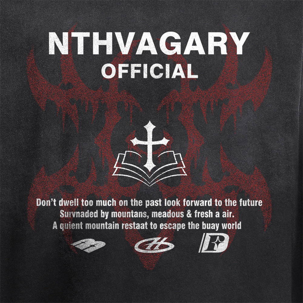 Long Sleeve T-Shirt with Cross & Flame Graphic, Distressed Washed Cotton