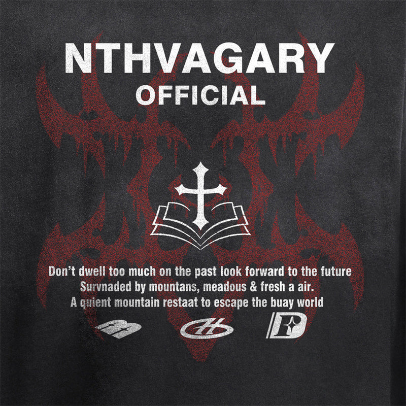 Long Sleeve T-Shirt with Cross & Flame Graphic, Distressed Washed Cotton