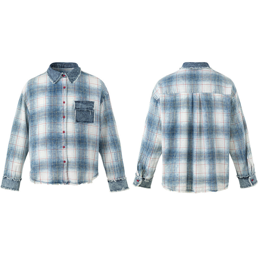Oversized Washed Plaid Long Sleeve Shirt with Denim Patch Detail