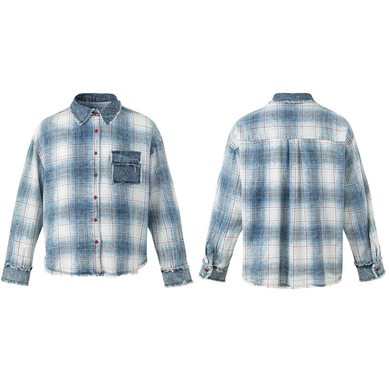Oversized Washed Plaid Long Sleeve Shirt with Denim Patch Detail